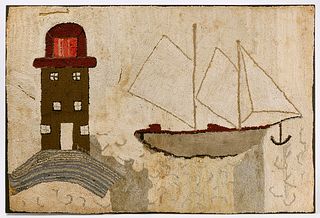Large Hooked Rug Featuring Lighthouse and Sailboat