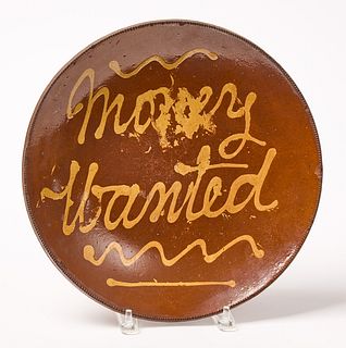 Redware with Slipware Charger - 'Money Wanted'
