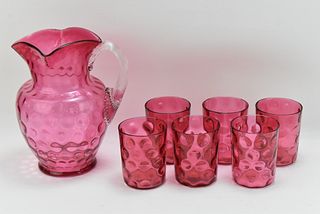 VICTORIAN CRANBERRY GLASS PITCHER AND TUMBLERS