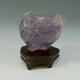 CHINESE ANTIQUE AMETHYST CARVING WITH STAND - 19TH CENTURY