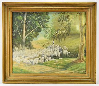W.S. DARRELL SHEPHERD WITH SHEEP OIL PAINTING