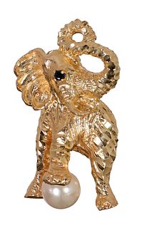 ESTATE 14KT YELLOW GOLD & PEARL ELEPHANT BROOCH