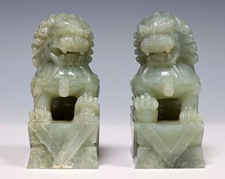 (2) CHINESE CARVED GREEN HARDSTONE FOO LION FIGURES