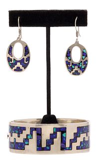 (2) TAXCO MEXICO INLAID STERLING HINGED WIDE BANGLE & EARRINGS