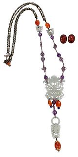  Carved Jade Necklace with Amethyst and Carnelian