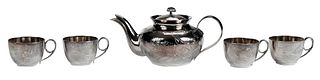 Asian Silver Teapot and Four Cups