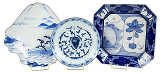 Three Asian Blue and White Porcelain Platters