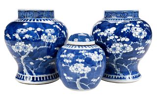 Pair of Chinese Porcelain Prunus Blossom Vases and a Ginger Jar