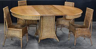VICTORIAN WICKER PEDESTAL DINING TABLE AND CHAIRS