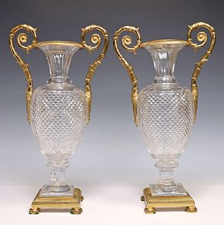(2) EMPIRE STYLE GILT-BRONZE MOUNTED CUT-GLASS VASES