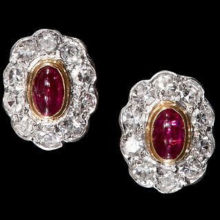 PAIR OF RUBY AND DIAMOND CLUSTER EARRINGS
