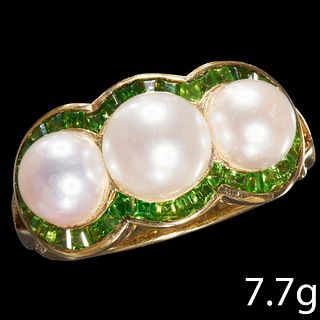 PEARL AND GREEN GARNET TRIPLE CLUSTER RING
