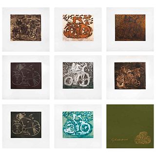 GILBERTO ACEVES NAVARRO, Bicicletas, Firmados Grabados S/N, libro de artista, 19.6 x 22.5 cm c/u, pzs: 8