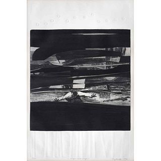 FRANCISCO MORENO CAPDEVILA, Negro sobre negro, Firmado y fechado 1970, Grabado al agutinta y gofrado 41 / 50, 62.5 x 42.5 cm totales