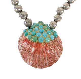 KEWA PUEBLO TURQUOISE & SHELL BENCH BEAD NECKLACE