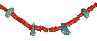 NATIVE AMERICAN RED CORAL & TURQUOISE BENCH BEAD NECKLACE