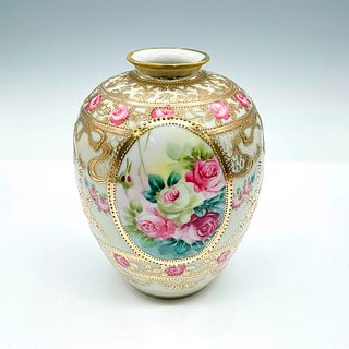 Hand Painted Urn Shaped China Vase, Gold Gilt & Floral