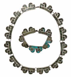 (2) STONE-INLAID STERLING NECKLACE & BRACELET, TAXCO, MEXICO