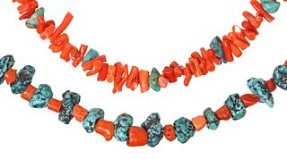 (2) SOUTHWEST RED CORAL & TURQUOISE BEADED NECKLACES