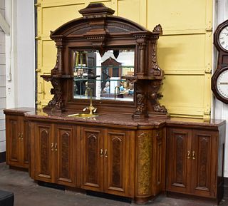 VICTORIAN STYLE WALNUT AND MARBLE BACK BAR