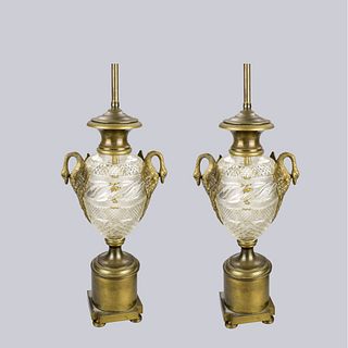 Pair of French Empire Style Crystal & Bronze Lamps