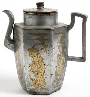 Chinese Pewter & Brass Inlaid Teapot