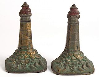 Pair Gilt & Painted Bronze Lighthouse Bookends