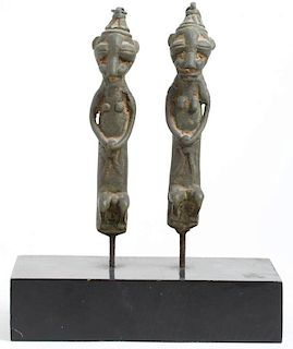 2 Benin African Bronze Ogboni Staffs