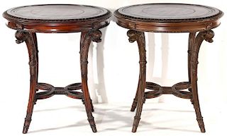 Pair Carved & Leather-Top Circular Tables