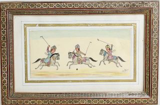 Persian Mughal Painting on Paper of Men at Polo