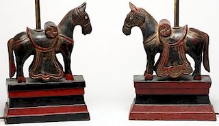 Pair of Indian Carved & Painted Wood Horse Lamps