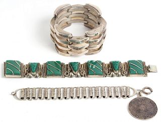 3 Bold Mexican Silver Bracelets, inc. Aztec Motifs