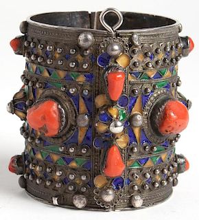 Berber Silver, Enamel & Red Coral Cuff Bracelet