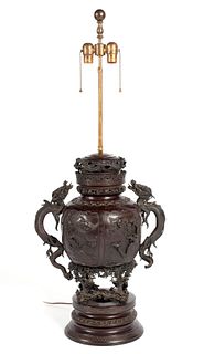 AN IMPRESSIVE DRAGON-HANDLED BRONZE CENSER LAMP