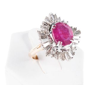 YELLOW GOLD BALLERINA STYLE RUBY AND DIAMOND COCKTAIL RING