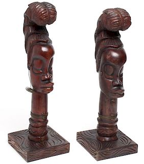 Pair of African Hand-Carved Wooden Female Busts