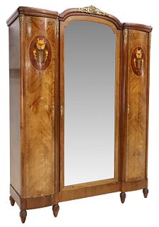 FRENCH FLORAL MARQUETRY MIRRORED ARMOIRE