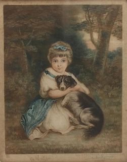 Victorian Hand-Tinted Lithograph, Girl & Her Dog