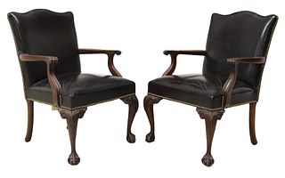 (2) CHIPPENDALE STYLE BROWN LEATHER ARMCHAIRS