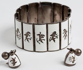 Thai Enameled Sterling Silver Bracelet/Earring Set