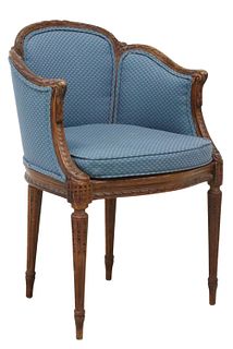 LOUIS XVI STYLE CANED SEAT UPHOLSTERED ARMCHAIR