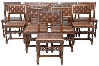 (12) LOUIS XIII STYLE LEATHER & OAK DINING CHAIRS