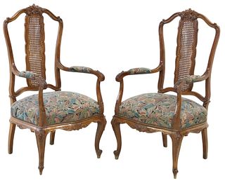 (2) SPANISH CARVED WALNUT & DOUBLE CANED ARMCHAIRS