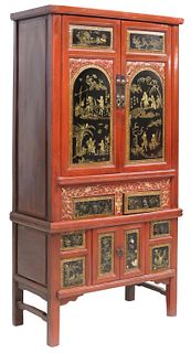 CHINESE GILT-DECORATED RED-LACQUER CABINET