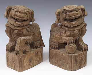 (2) CHINESE CARVED WOOD FOO LIONS