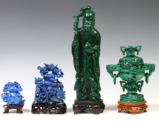 4) CHINESE CARVED MALACHITE & LAPIS CABINET ITEMS
