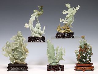 (5) CHINESE CARVED GREEN HARDSTONE FIGURES & VASES
