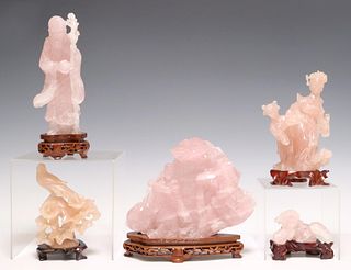 (5) CHINESE CARVED PINK HARDSTONE CABINET FIGURES
