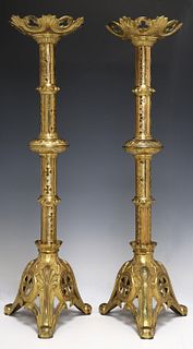 2) GOTHIC REVIVAL GILT METAL ALTAR CANDLE PRICKETS