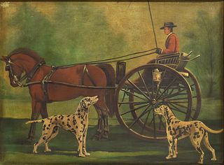 FRAMED OIL PAINTING HORSE CARRIAGE & DALMATIANS